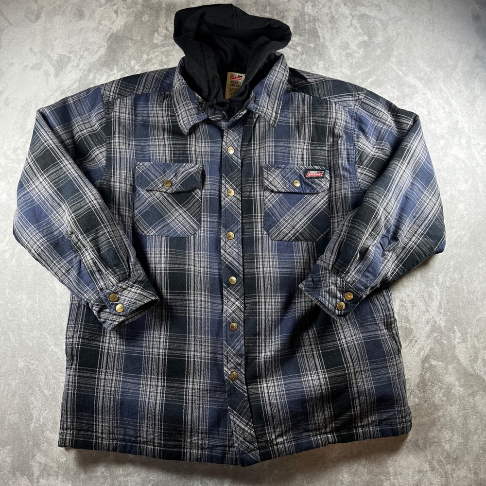 Dickies Jacket Mens XL Blue Plaid
Flannel Hooded Quilted‎ Zip
Workwear Insulated